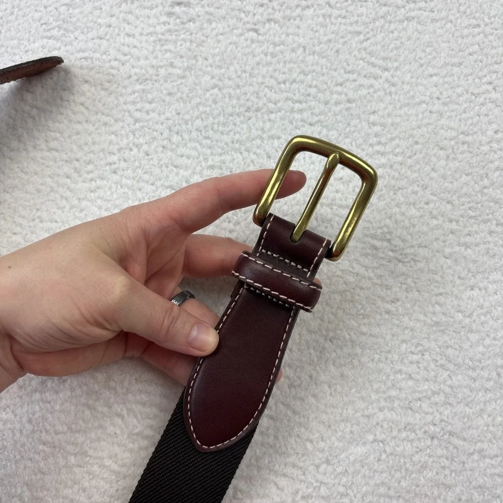 NEW LL BEAN‎ Mens Canvas Leather Waist Belt Size 44 Dark Brown Gold Brass Buckle